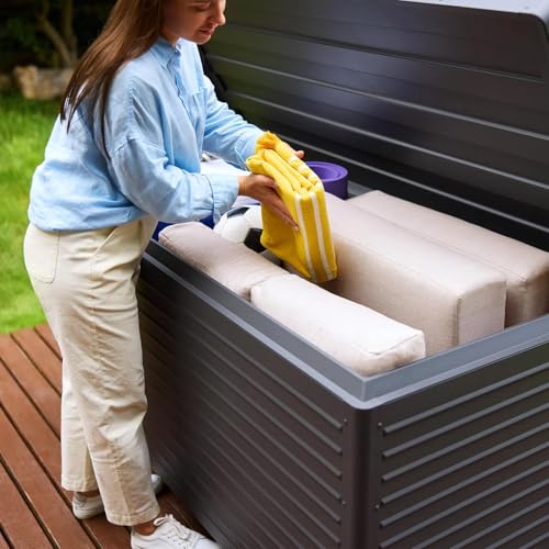 Image of MIRADOR 205 Gallon Outdoor Storage Box with Wheels & Soft-Close Lid, Waterproof Metal Deck Box for Patio Cushions, Garden Tools & Pool Accessories, Charcoal