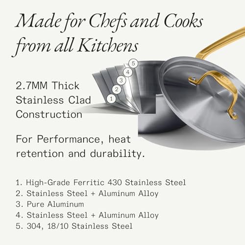 Image of Made In Cookware - 3.5 Quart Stainless Steel Saute Pan (Antique Brass Handle) - 5 Ply Stainless Clad - Professional Cookware - Crafted in Italy - Induction Compatible