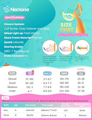 Image of NEMONE Mermaid 4 Size Adjustable Light up Roller Skates for Girls, Green Rose Skates for Toddlers, Beginner Kids Roller Skates Indoor Outdoor (Green XS New)