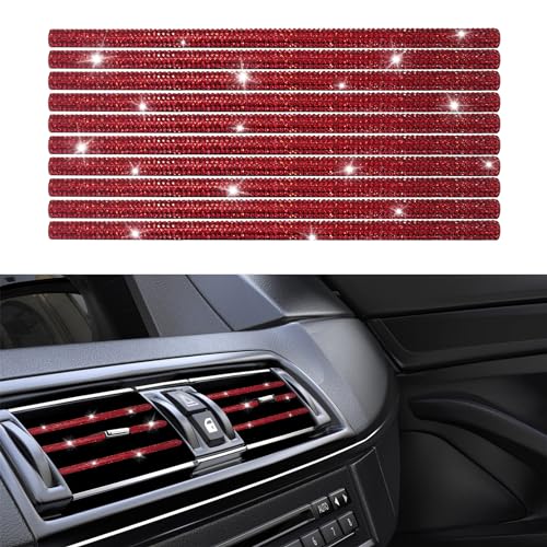 10PCS Bling Car Vent Outlet Trim, 5PCS Rhinestones Car Air Conditioner Decoration Strip, Bling Car Accessories for Women and Girls, Diamond Straight Seal Strip Line Decoration (Red)