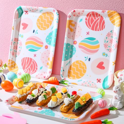 Zubebe Set of 3 Easter Serving Trays 13" x 10" Large Egg Party Plates Reusable Spring Easter Day Decorations Egg Serving Platter Celebration Serveware Party Supplies