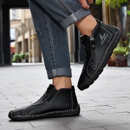 Mens Leather Mid-Top Chukka Ankle Boots with Side Zipper Casual Comfortable Round Toe Flats Non-Slip Loafers for Walking Outdoor Hiking2