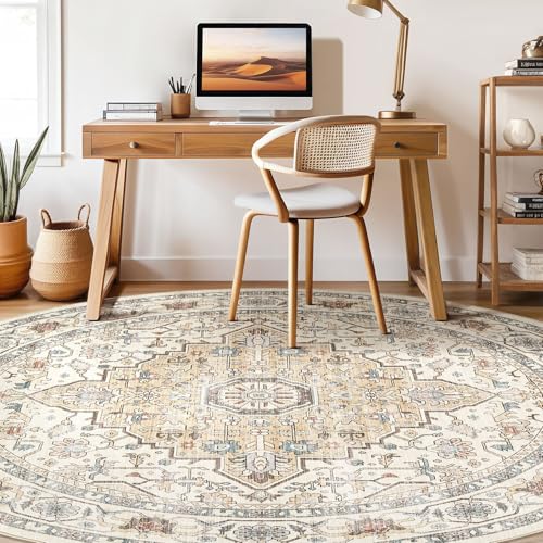 Round Rug Living Room Rugs: 8Ft Washable Boho Neutral Large Circle Soft Indoor Floral Stain Resistant Floor Farmhouse Carpet for Bedroom Nursery Kids Playroom Office Dining Room Dorm Home- Cream Blue
