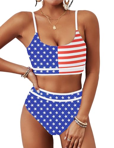 Image of BMJL Women's High Waisted Bikini Ribbed Two Piece Swimsuit High Cut Color Block Adjustable Straps Bathing Suit