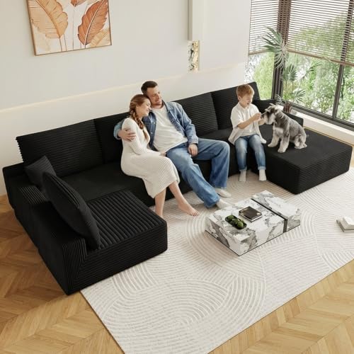 Image of Oversized Modular Sectional Sofa Couch, Large 6 Seater Corner Sofa Modern U Shaped Sectional Couch with Ottoman Cloud Couches for Living Room, Office, Spacious Space, Corduroy, No Assembly, Black