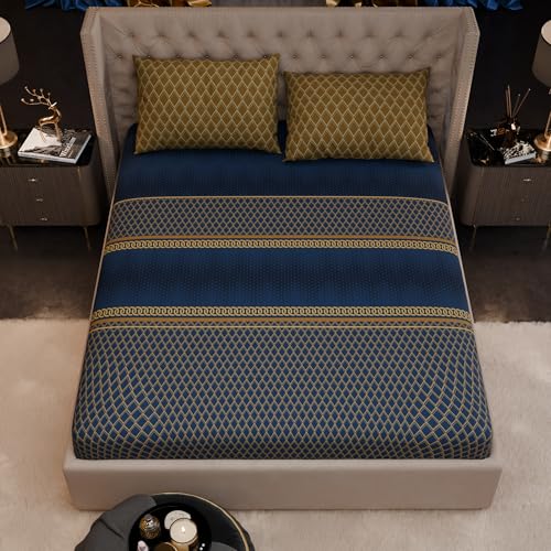 Image of Stoa Paris 100% Bamboo Cotton King Size Fitted Bedsheet with 2 Pillow Covers, 200TC Printed Bed Set, Breathable, All-Season Comfort, Home Decor, Imperial Grandeur - Indigo Arcadia (182cmx198cm+30cm)
