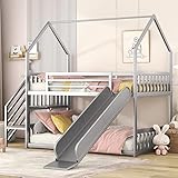 Twin Over Twin Bunk Bed with Slide and Storage Stairs, Heavy Duty Bunk Bed/House Bunk Bed Twin Over Twin, Twin Floor Bunk Beds for Kids, Girls, Boys(Twin Over Twin Sliver)