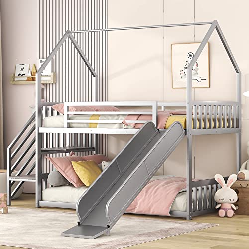 P PURLOVE Silver Metal Twin Bunk Bed with Slide, Staircase & Storage for Kids/Teens