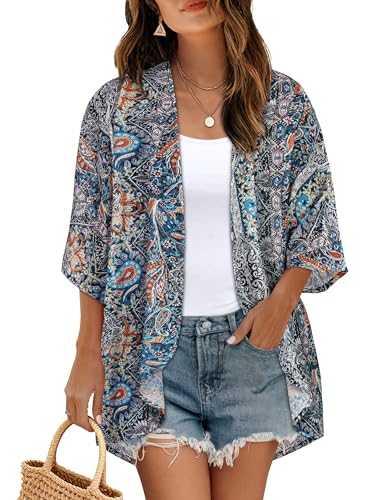Image of Women's Floral Print Puff Sleeve Kimono Cardigan Loose Cover Up Casual Blouse Tops 2026