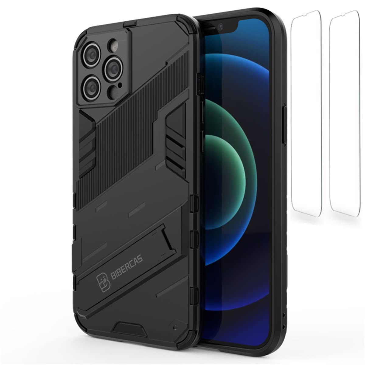 Compatible with Apple iPhone 14 Pro Armor Kickstand Case, Hybrid Rugged Heavy Duty Shockproof Drop Protection Case with 2 Screen Protectors (i-Phone14 Pro Black)