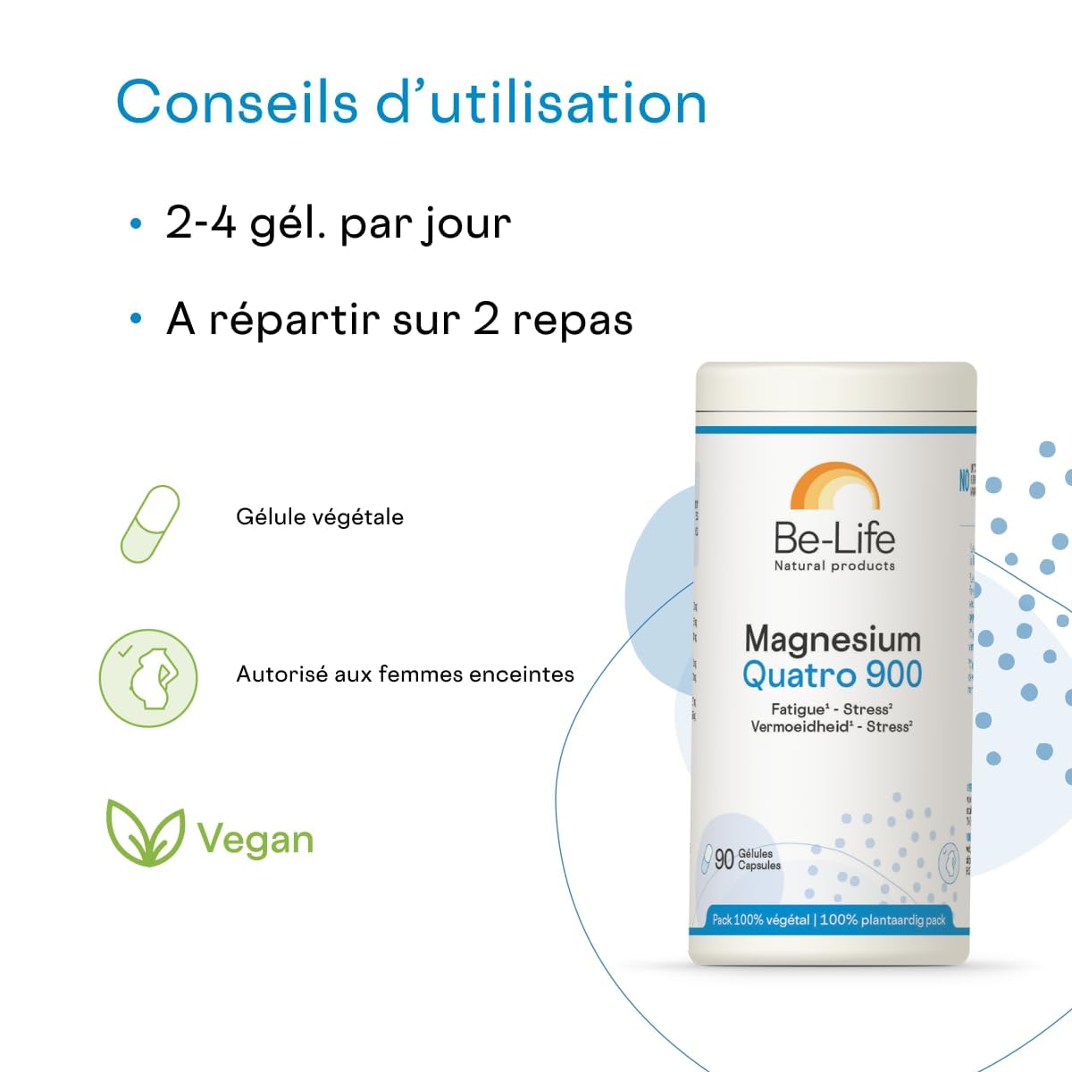 BE-LIFE | MAGNESIUM QUATRO 900 | Complément alimentaire | Fatigue & Stress | fonctionnement normal du système nerveux | vitamine B6 | 180 gélules