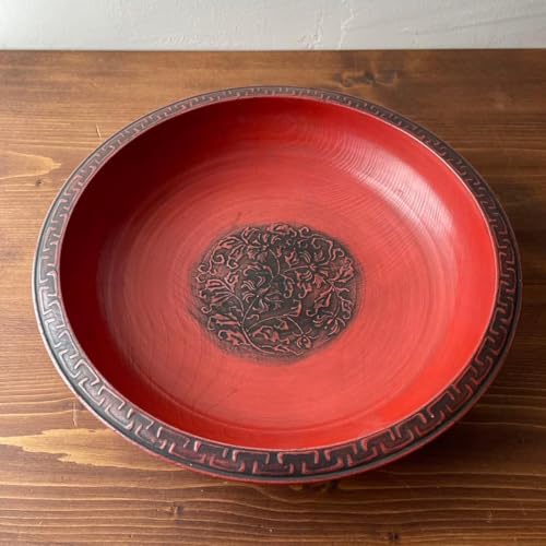 古道具 時代物 木製 菓子器 浅鉢 朱塗り 漆器 シノワズリ くり抜き 無垢材