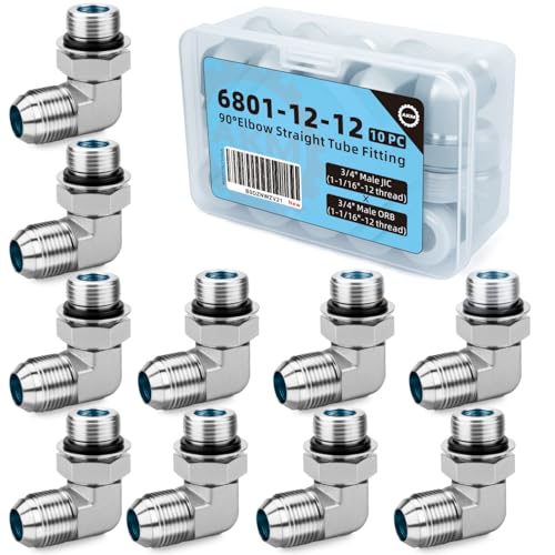 Image of 90 Elbow Straight Hydraulic Hose Adapter Fittings, 6801-12-12 3 /4 inch Male JIC (1 1 /16 inch-12 thread) x 3 /4 inch ORB (1 1 /16 inch-12 thread) Male Connectors x 10 pack