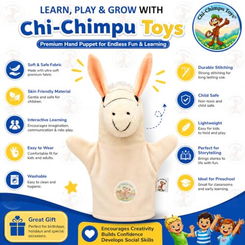 Image of Horse Hand Puppet for Kids | Soft Plush Animal Puppet | Educational Storytelling Toy | Interactive Role Play | Preschool Learning | Gift for Boys & Girls