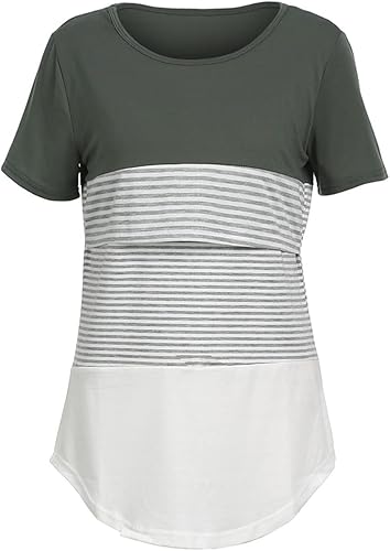 Blusa de maternidad para mujer cómoda camiseta de lactancia raglán de manga corta a rayas de algodón con cuello redondo