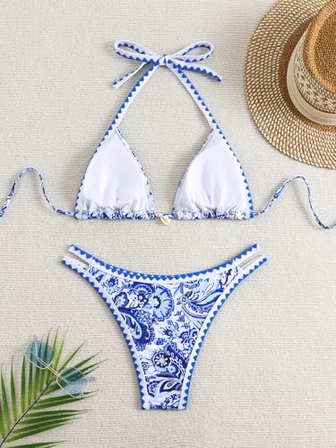 Image of BYFINECANY Women's Floral Printed Bathing Suit Halter Paisley Summer Swimsuit Bikinis Set