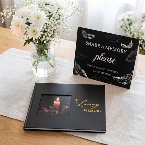 Image of Funeral Guest Book, in Loving Memory Sign in Book with Photo Slot | 330 Entries, Table Sign Card Included, Gold Stamping, Twill-Textured Paper Cover, Celebration of Life Keepsake, 9x7.5 inch, Black