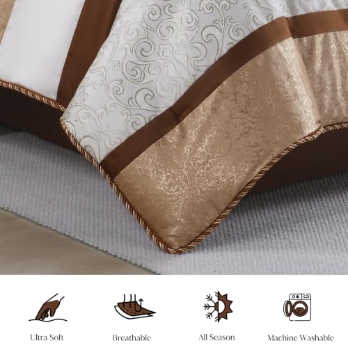 Image of CozyDH King Comforter Set Brown Cream - 7 Piece Luxury Jacquard Damask Bed in a Bag, Elegant Twisted Cord Edging, All Season Down Alternative Bedding with Bed Skirt, Shams, Decorative Pillows