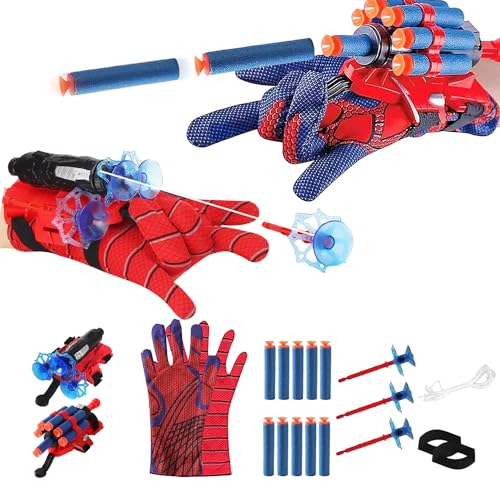 Red Style Spider Web & Soft Missile Launcher Toy 2 Pcs Set, Superhero Fans Webs Shooter for Kids, Cosplay Launcher Gloves with Wrist Toy Set, Christmas Halloween Birthday Party