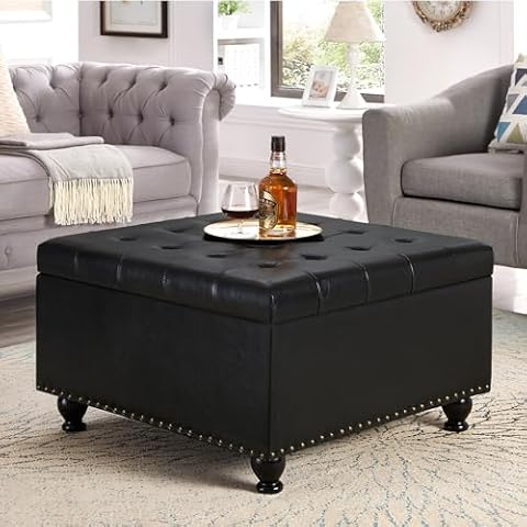 BAOMKONG 30 Inch Square Ottoman with Storage Oversized Button Tufted Storage Ottoman with Nail Trims Faux Leather Padded Seat Coffee Table Footrest with Solid Wood Legs, Black Cover