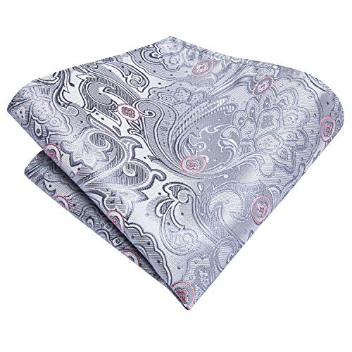 Image of Hi-Tie Silver Grey Pink Silk Neckties Set for Men Jacquard Necktie and Pocket Square Lapel Pin Silver Tie Clip Cufflinks Set Wedding Business 6PCS