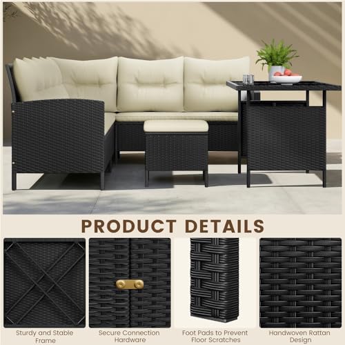 Yaheetech Polyrattan Lounge inkl. Ecksofa, Esstisch, 2 Hocker & Kissen bis 7 Personen, Wetterfest Gartenmöbel Set Rattan Sitzgruppe Gartenlounge Essgruppe für Garten Balkon Terrasse, Schwarz & Beige