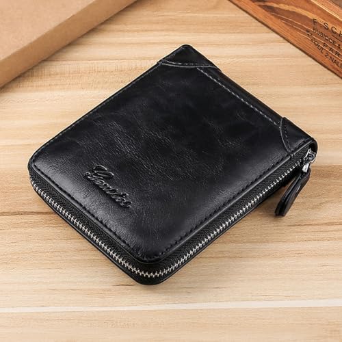 Men's Wallet, Zip Leather Wallet, Front Pocket Card Holder, Men's Gift, RFID（black）