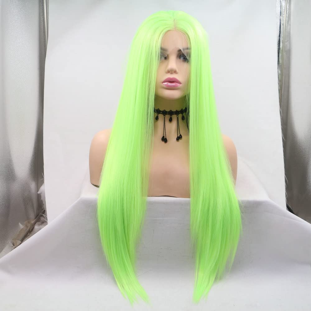 13x3" Pre Plucked Long Straight Colorful Wigs for Women Natural Looking Heat Resistant Fiber Synthetic Lace Front Wigs for Replacement/Party/Cosplay/Costume/Daily Use (Fluorescent Green) - Image 2