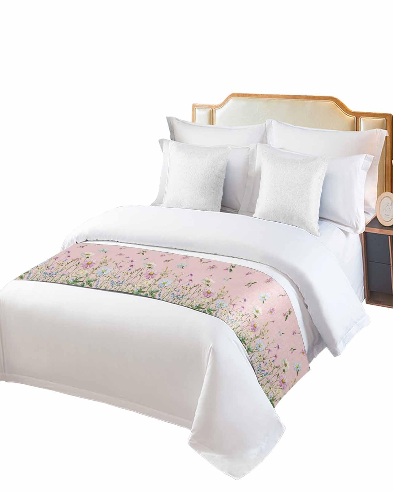 Flower Pink Bed Runner Scarf for Cal King Size Bed Foot,Decorative Bedding Accessory Stainproof & Dustproof Soft Protector for Bedroom Blue Pink Daisy Wildflower Floral Botanical 102