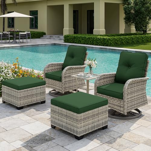 Image of 5-Piece Small Patio Furniture Set, Outdoor Swivel Rocking Chairs Set with Ottomans, Patio Bistro Set for Balcony, Deck, Porch, Dark Green