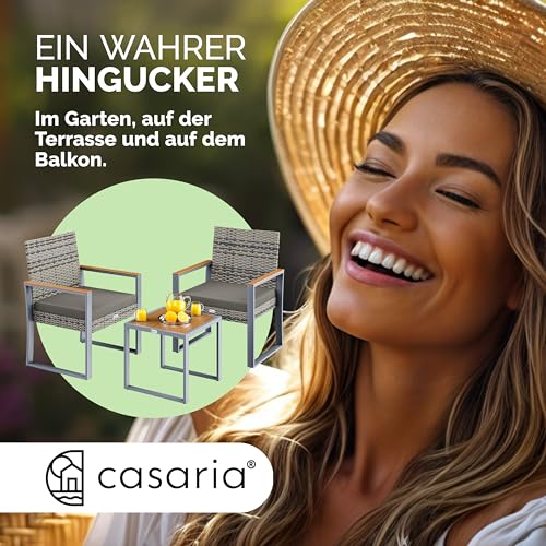 Casaria® Balkonmöbel Set Polyrattan Holz Akazie Wetterfest 2 Stühle Tisch Auflagen 160kg Belastbarkeit Verstellbar Terrasse Balkon Möbel Lounge Outdoor
