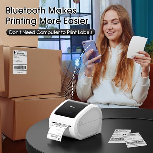 Image of Bluetooth Shipping Label Printer with 1 Roll Labels - D520BT Thermal Label Printer, Thermal Printers with Built-in Label Holder, Come with 500PCS 4x6 White Labels (500 Labels /Roll)