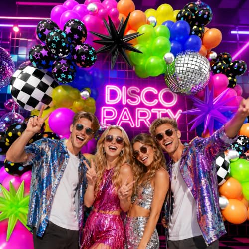 Image of 230Pcs Neon Balloons Arch Garland Kit with Glow in the Dark Balloons, Neon Balloons Arch Kit with Checkered Balloon for Back to 80s 90s DISCO Birthday Let's Glow Party Rock Roll Party Supplies