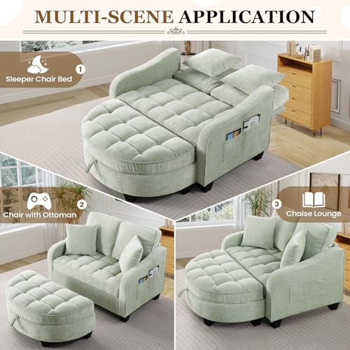 Image of Oversized Chair and A Half, Chenille Tufting Accent Cozy Reading Sofa Chair with Storage Ottoman, Upholstered Loveseat Chaise Lounge Sofa with Adjustable Back for Living Room, Office, Sunroom,Cyan