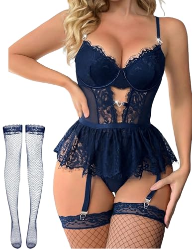 Image of Alrovetoney Women Lingerie Set Naughty Lace Bodysuit High Waisted Underwire Lingerie Babydoll With Garter Belt and Stockings