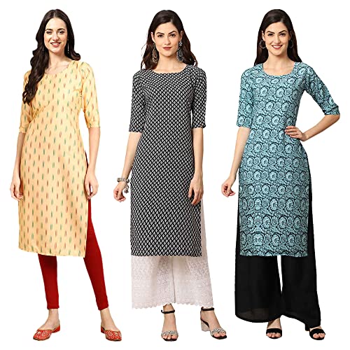 Image of Pinkmint Women's Crepe Digital Print Straight Kurta [Pack of 3] (CKX-357-372-367)