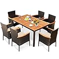 Tangkula 7 Pieces Patio Rattan Dining Set, Outdoor Conversation Set w/Acacia Wood Tabletop & Umbrella Hole, Stackable Chairs w/Soft Cushion, Table and Chair Set for Garden, Backyard (Beige)