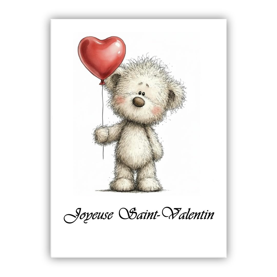 Multilingual Valentine’s Day Card – Cute Bear with Balloon – Romantic Greeting Card for Husband, Wife, Boyfriend, Girlfriend (• French: Joyeuse Saint-Valentin)