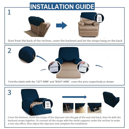 XINEAGE 4-Piece Recliner Cover Stretch Jacquard Slipcover with Pocket, Washable Recliner Chair Protector for Kids, Pets, Dogs, Cats (Navy Blue)