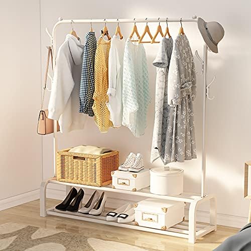 UDEAR Garment Rack Free-standing Clothes Rack With Top Rod,Lower Storage and 6 Hooks,White
