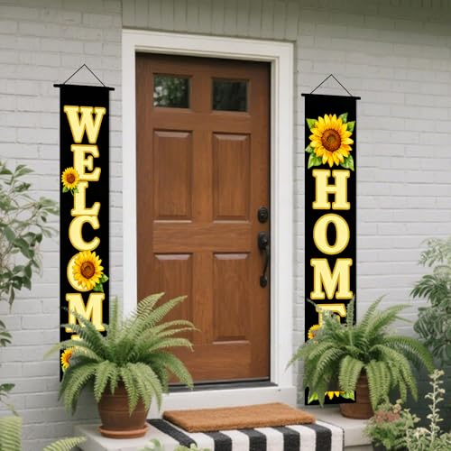 Image of Nuxovilar Welcome Home Sunflower Porch Banners 12x70 Inches Polyester | Spring Porch Sign, Hanging Decor Floral welcome Banner, Sunflower Flower Accent Home, Porch, Yard (Welcome Home)