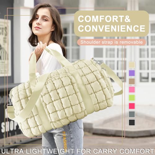 Image of Quilted Travel Duffle Bag Gym Bag for Women,Large Puffer Duffle Weekender Bag with Compartment,Workout Overnight Carry on Organizer Bag Duffle Bag for Airplane Travel(Off-white)