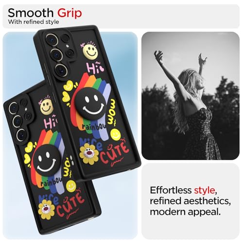 Image of Pikkme Back Cover for Samsung Galaxy S23 Ultra 5G | Soft Silicone| Cute Rainbow Smile & 3D Cartoon Flower Design | Shockproof Raised Camera Protection Bumper Case (Black)