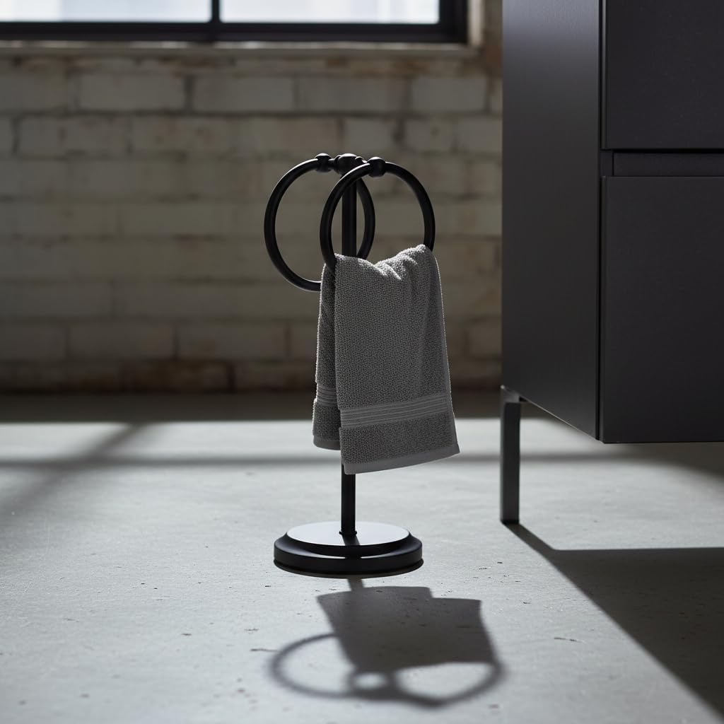 J&V TEXTILES Steel Towel Rack Holder Stand with 2 Hanging Rings for Bathroom Vanity Countertops - Space Saving Hand Towel Holder (Matte Black) - Image 6