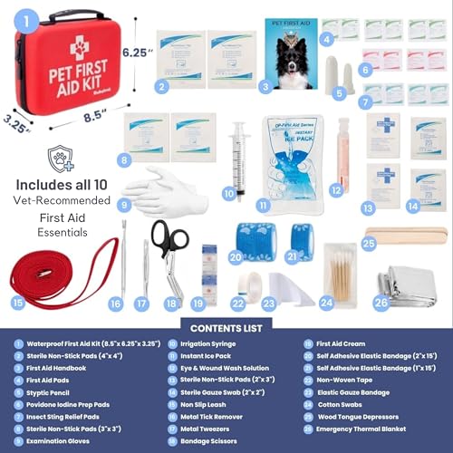 Image of Dog First Aid Kit - Vet Approved Emergency Supplies - Pet First Aid Kit Guide, Tick Remover, Slip Leash & Medical Essentials for Home, Camping, Car, RV, Travel (Essential Pack)