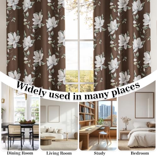 Image of MYSKY HOME Floral 95% Blackout Curtains 63 Inch Long 2 Panels Set for Kitchen White Flower Printed Thermal Insulated Light Blocking Black Out Grommet Window Treatments, 52 inch W Each Panel, Brown