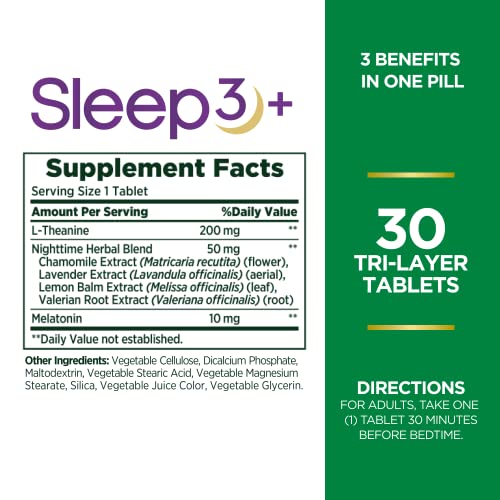 Nature's Bounty Melatonin, Sleep3 Maximum Strength 100% Drug Free Sleep Aid, Dietary Supplement, L-Theanine & Nighttime Herbal Blend Time Release Technology, 10mg, 30 Tri-Layered Tablets - Image 3