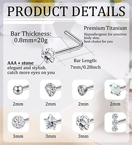 MJust Hypoallergenic Nose Rings 20G Titanium Nose Rings Studs L Shaped Nose Studs Rings Cubic Zirconia Opal Heart Ball Labret Lip Nose Piercing Jewelry for Women Men4