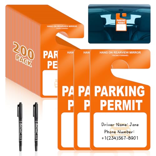 200 PCS Plastic Parking Permit Hang Tags Orange Blank Rearview Mirror Placards Thick 18 Mil Waterproof PVC 3x5 Inch Single-Sided Printing with 5 Marker Pens for Temporary Parking Passes