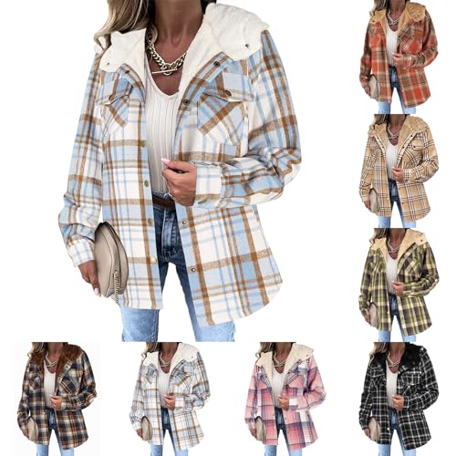 Womens Plaid Jacket Long Sleeve Button Down Fleece Hooded Jackets Casual Color Block Warm Coat Fall Winter Coats